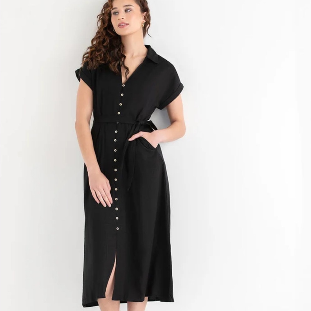 Black linen Midi shirt Dress